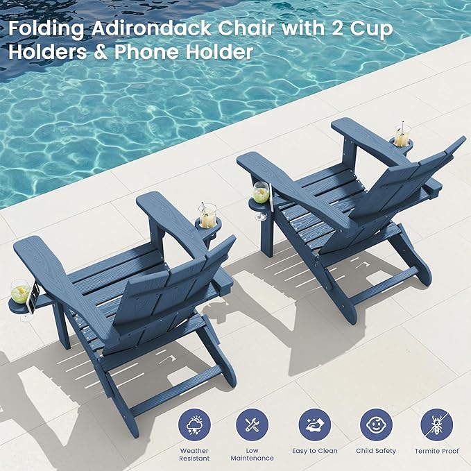 SERWALL Modern Folding Adirondack Chair Set of 6, Weather Resistant Outdoor Adirondack Chair with Dual Cup Holders, HDPE Fire Pit Chairs for Patio Lawn Garden, Blue