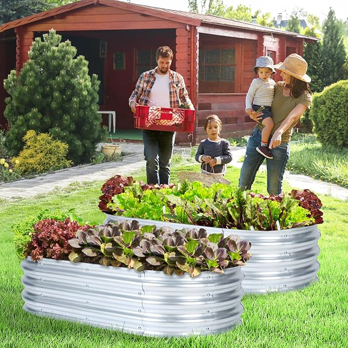 Aoodor 2PCS Galvanized Raised Garden Bed Kit, 4 x 2 x 1 Ft, Oval Planter Boxes for Vegetables, Flowers, and Herbs, Outdoor Use, Silver