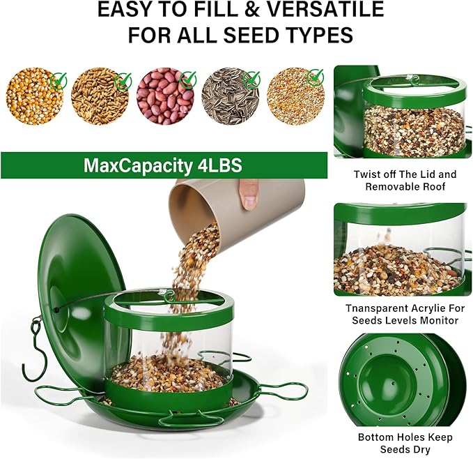 Bird Feeders for Outdoors Hanging Bird Feeder Wild Birds Seed,4LB Metal Hanging Feeders,Large Wild Feeders for Cardinals, Chickadees, Durable Backyard Feeders,Green