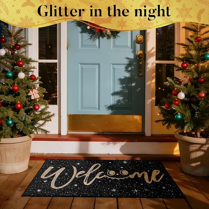Welcome Mat Front Door Mat Indoor Outside Entrance, Absorbent Heavy Duty Doormat with Non Slip Backing Entryway Rug for Front Back Door, 24" x 36", Black