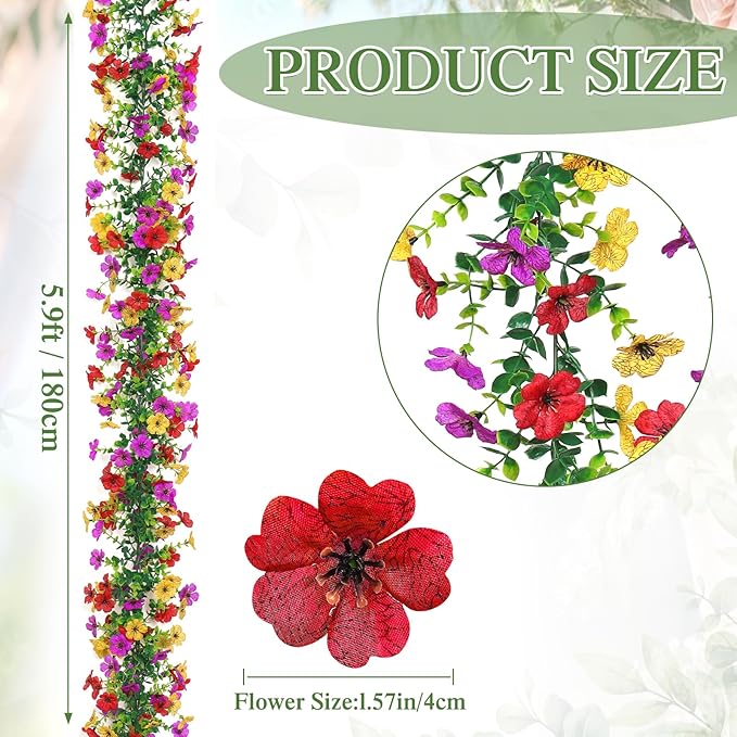 4 Pack Artificial Flower Garland,5.9FT UV Resistant Fake Daisy Floral Vine Silk Hanging Spring Wild Flower Garland for Home Mantle Garden Wedding Booth Backdrop Decor (Red Yellow Purple)