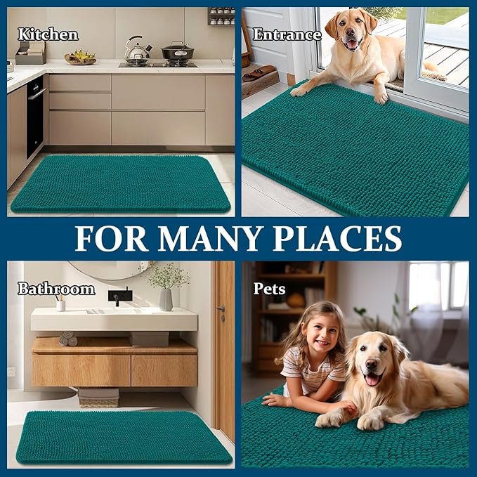 OLANLY Dog Door Mat for Muddy Paws 70x32, Absorbs Moisture and Dirt, Absorbent Non-Slip Washable Doormat, Quick Dry Chenille Mud Mat for Dogs, Entry Indoor Entryway Carpet for Inside Floor, Lake Blue