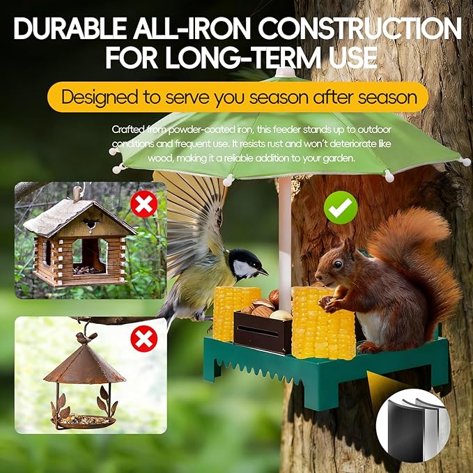 Metal Squirrel Feeder Picnic Table with Umbrella - Heavy Duty Iron Outdoor Chipmunk Feeder, Rust Resistant Corn Cob Holder, Funny Backyard Wildlife Gift for Nature Lovers. (Green)