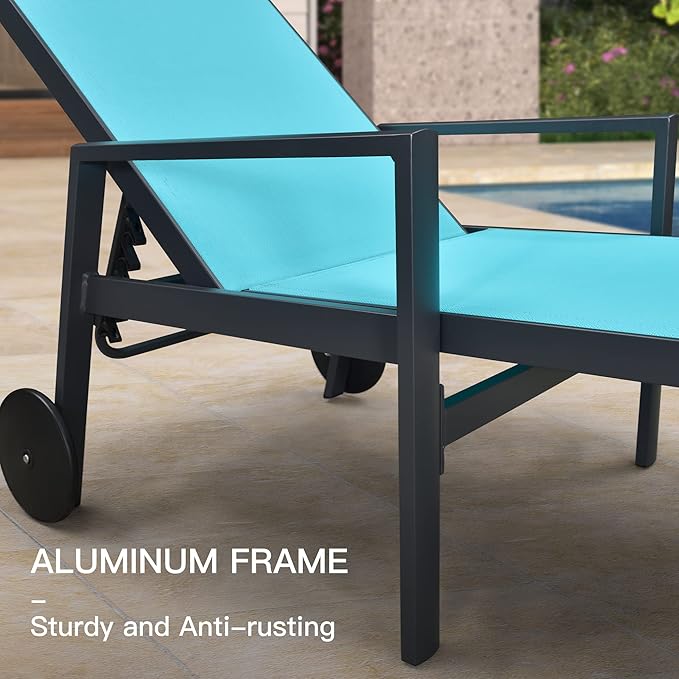 PURPLE LEAF 2 Pieces Outdoor Chaise Lounge Aluminum Patio Lounge Chair with Wheels and Armrests Outdoor Lounge Recliner Chair for Pool Backyard Beach Turquoise Blue