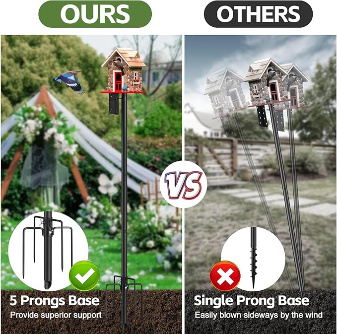 Bird Feeder Pole,60" Outdoor Bird House Pole Kit Stand with 5-Pronged Base, Adjustable Height & Universal Mount for Easy Setup, 2 Installation Methods, Matte Black Finish (Without Feeder)