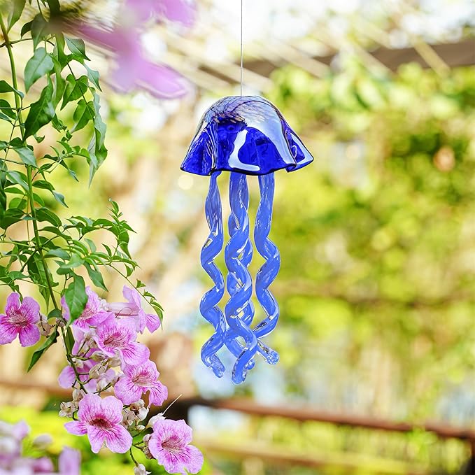 20Inch Art Blown Glass Jellyfish Wind Chime,Handmade Glass Jellyfish Hanging Sun Catcher Wind Chime,Wind Chimes for Outdoor,Animal Glass Blown Wind Chimes for Garden Yard Wedding Decor(Royal Blue)
