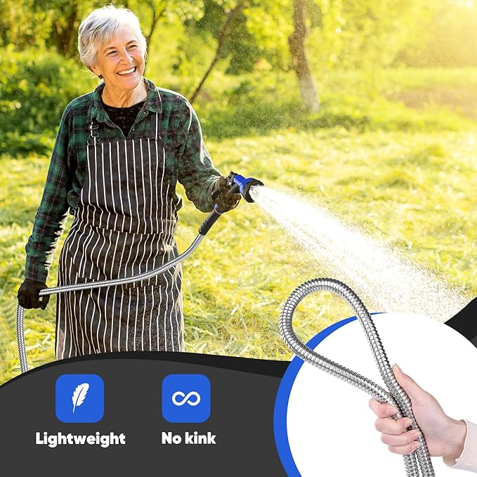 Garden Hose 50 ft, Stainless Steel Metal Hose, Flexible Water Hose with 10 Function Nozzl, Kink Free, Leak-Proof, Heavy Duty Hose for Yard, Outdoor, Lawn, RV, Car Wash and Camper Use