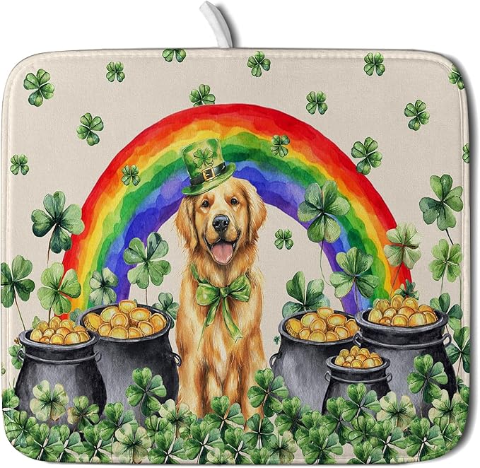 St Patricks Day Drying Mat Samll Lucky Clovers Green Kitchen Decor Counter Mats for Dog Lover