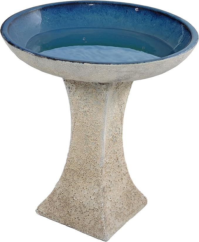 Sunnydaze Ceramic Bird Bath for Outside - 16" H - UV- and Frost-Resistant - Pedestal Bird Bath - Blue Glazed Bowl - White Lava Finish