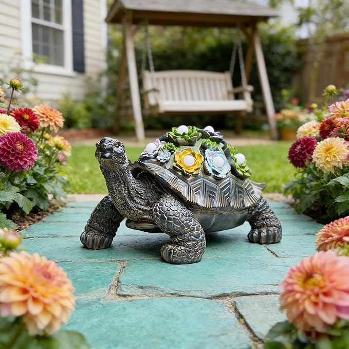 Solar-Powered Succulent Turtle Statue - Resin Garden Decor with LED Lights, Waterproof Outdoor Ornament for Patio, Yard, Lawn - Unique Housewarming Gifts