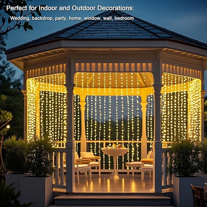 Vigdur Led Curtain String Lights, 2 Packs 8FT Window Fairy Lights for Bedroom with 210 Warm LEDs, Hanging Twinkle Indoor String Light for Party Wedding Garden Wall Decor(8 * 7ft)