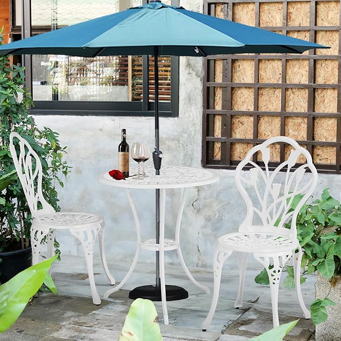 VINGLI 3 PCS Outdoor Bistro Set, Outdoor Patio Set, All-Weather Cast Aluminum Bistro Table Set, Bistro Table and Chairs Set of 2 for Backyard, Garden, Balcony (White, Tulip)