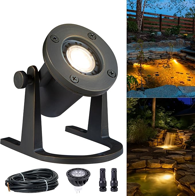 Gardenreet Submersible Pond Light - 12V IP68 Waterproof Underwater Light, Solid Brass Housing with 2700K Warm White MR16 Bulb, for Pool Fountain Landscape Outdoor Water Features(1 Pack)