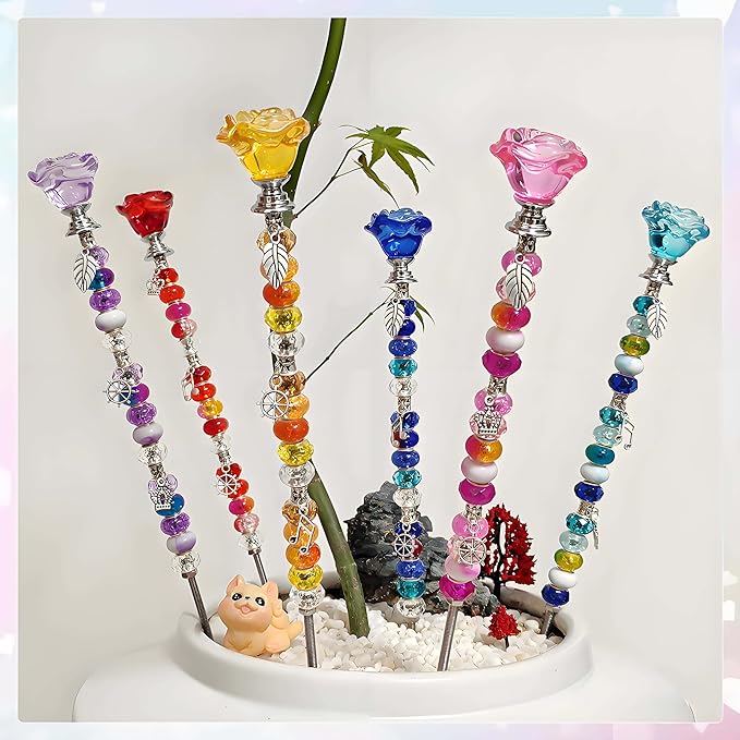 140Pcs DIY Fairy Wand Beaded Garden Stakes Kit Fairy Wands Kit for Different Festivals Fairy Garden Accessories Outdoor Fairy Garden Stakes Decorative (Rose)