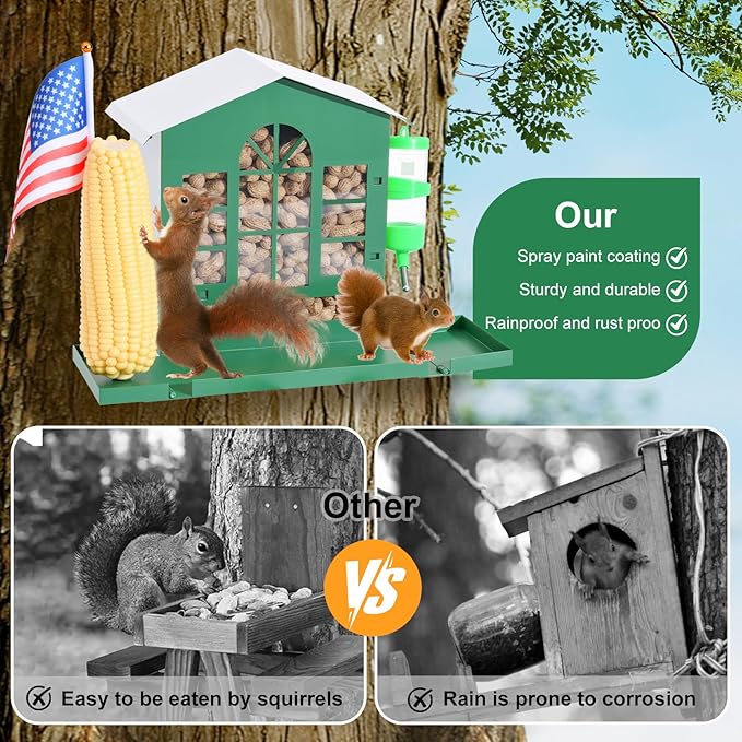 Squirrel Feeder,Metal Squirrel Feeder for Outside,with Water Bottle, Flag and Corn Cobs Holder,Outdoors Chipmunk &Squirrel Picnic Bench Feeders Table,Easy to Install & Refill
