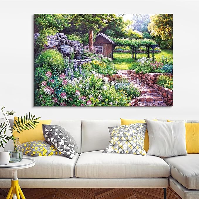 STUDIO HAVEN Thomas Kinkade Canvas Wall Art, Garden Cottage Stone Pathway Fountain Lush Blooms and Tranquil Retreat Oil Painting Poster Rustic Wall Decor, Framed Prints for Home Decor, 36x24Inch