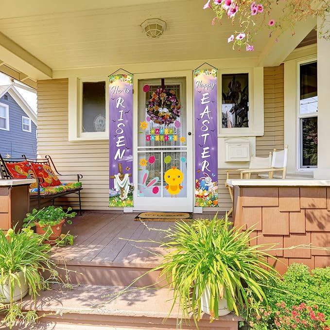 Happy Easter He Is Risen Porch Sign Banner Happy Easter Door Banners Hanging Decorations for Home Outdoor Indoor Wall Front Door Decor, 2 Pcs