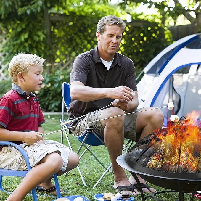 Fire Pit Spark Screen, Outdoor 40 Inch Round Fire Pit Screen with Foldable Hook and Marshmallow Sticks, Heavy Duty Steel Mesh Fire Pit Cover for Backyard, Beach, RV Camping