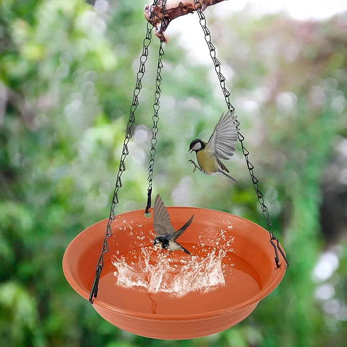 Hanging Bird Bath for Outside, Hanging Bird Water Feeder for Outdoor, Birdbath Bowl, Birdbaths for Outdoors Balcony Window Backyard Garden, Small Large Wild Birdfeeder Tray (10", Terracotta)