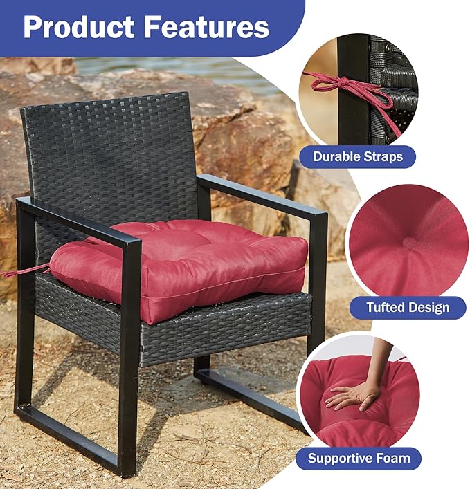 Outdoor Chair Cushions Set of 2, Patio Chair Cushions with Ties, 17x17+4” Tufted Outdoor Seat Cushions, Waterproof Patio Furniture Cushions, Outdoor Dining Chair Pads, Burgundy (Pack of 2)