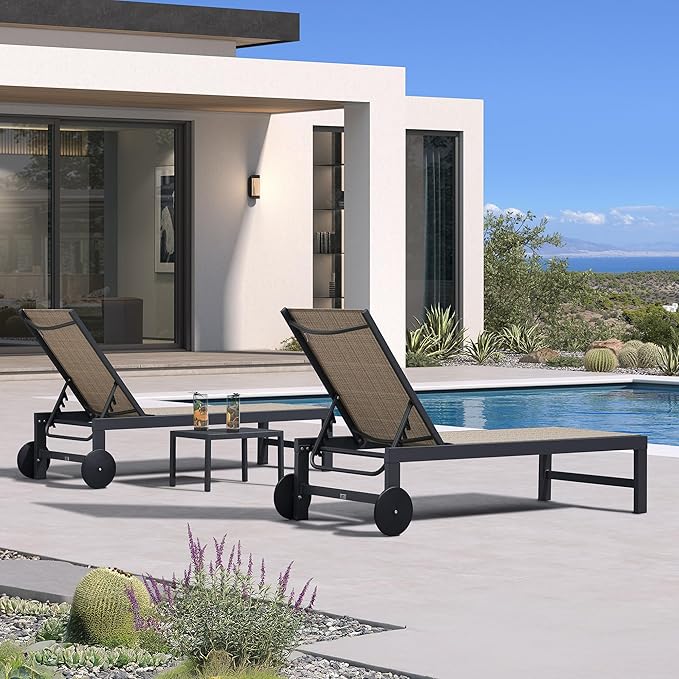 PURPLE LEAF Chaise Lounge Chair with Wheels for Outside 2 Pieces Aluminum Outdoor Chaise Lounge Chairs with 5 Adjustable Position Recliner for Patio Beach Yard Pool Camel