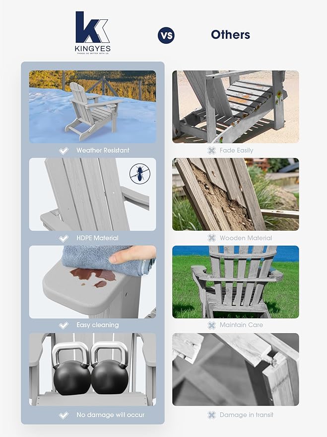 KINGYES Folding Adirondack Chair Set of 4, Dual Cup Holders & All-Weather HDPE, Wood-Like Patio Chair for Backyard, Camping, Pool & Fire Pit, Silver Grey