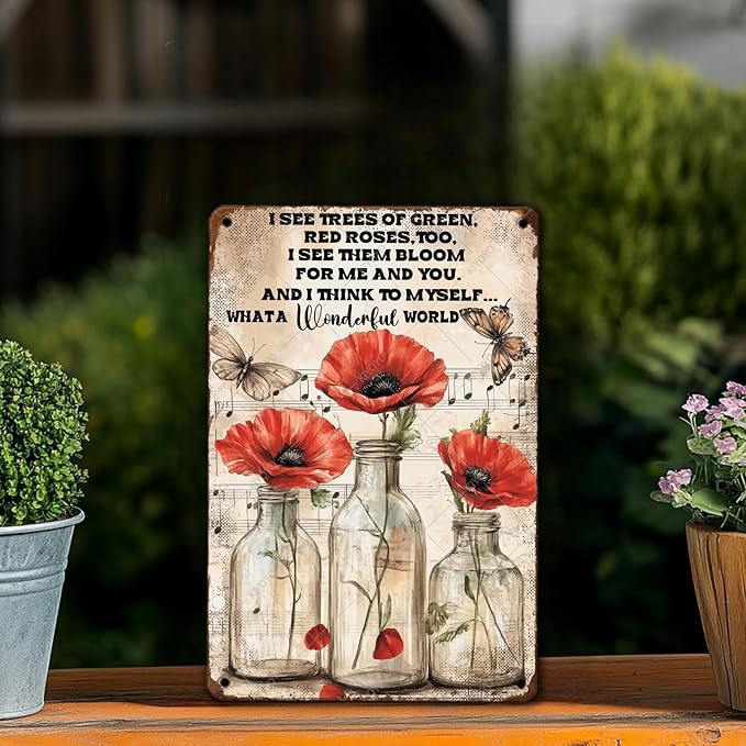 Vintage Metal Signs What A Wonderful World Sign Funny Tin Sign Retro Wall Decor for Home Bar Farmhouse Yard Garden Shop Cafe Indoor Outdoor 12x8 Inch