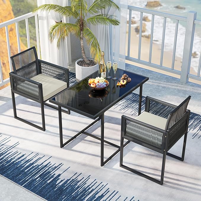 Tangkula 3 Pieces Patio Dining Set, Outdoor Space-Saving PE Wicker Bistro Set with Cushions, Patio Tempered Glass Top Table and Chairs Set for Porch, Garden and Backyard