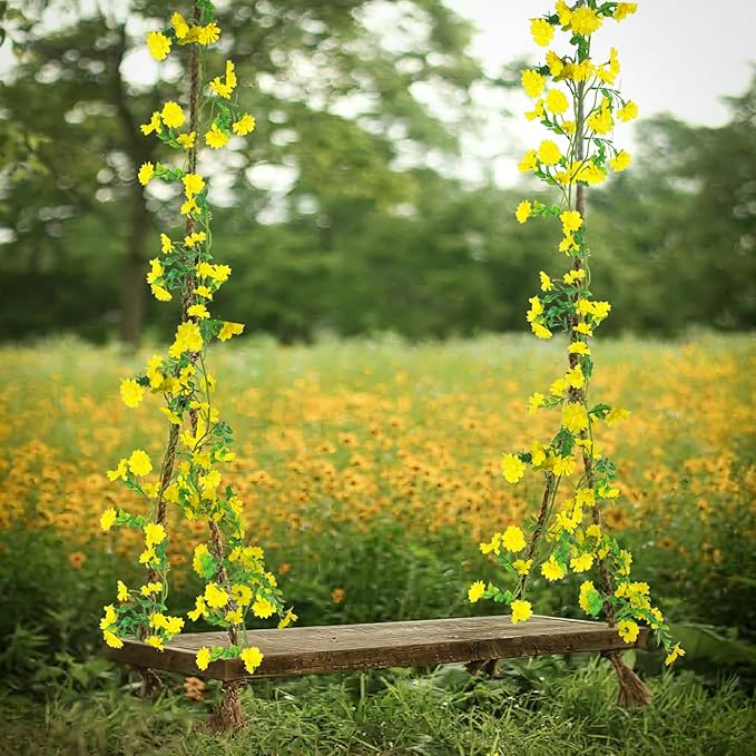 CISDUEO Artificial Daisy Flowers Vine Silk Wildflower Garland Spring Fake Flower Vine Hanging Ivy Yellow Daisy Flowers Green Leaves for Wall Party Wedding Arch Floral Decor Indoor Outdoor Ceremony