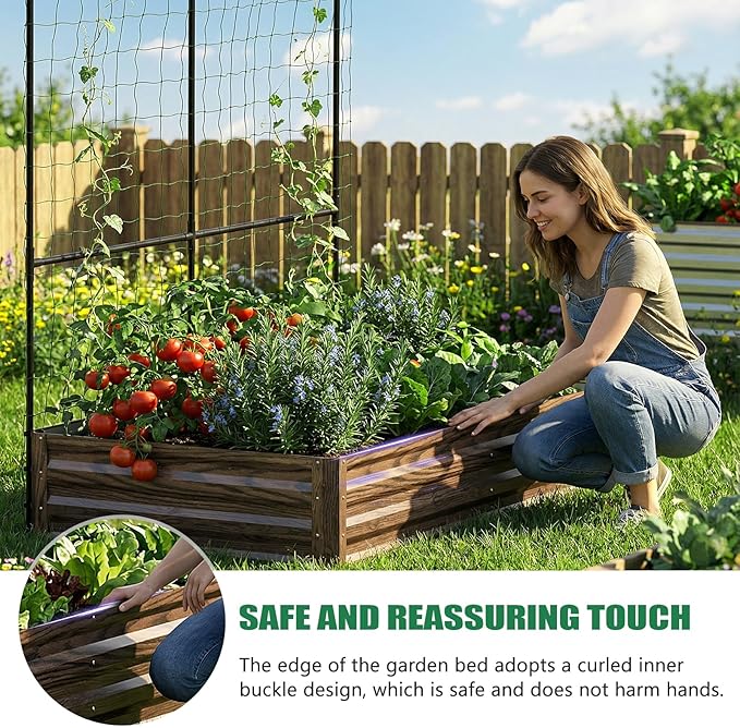 SUNYRISY Galvanized Raised Garden Bed with 87" H Arch Trellis for Climbing Plants Outdoor, Large Metal Planter Box with Netting for Gardening Flowers Vegetables Fruit, Wood Grain