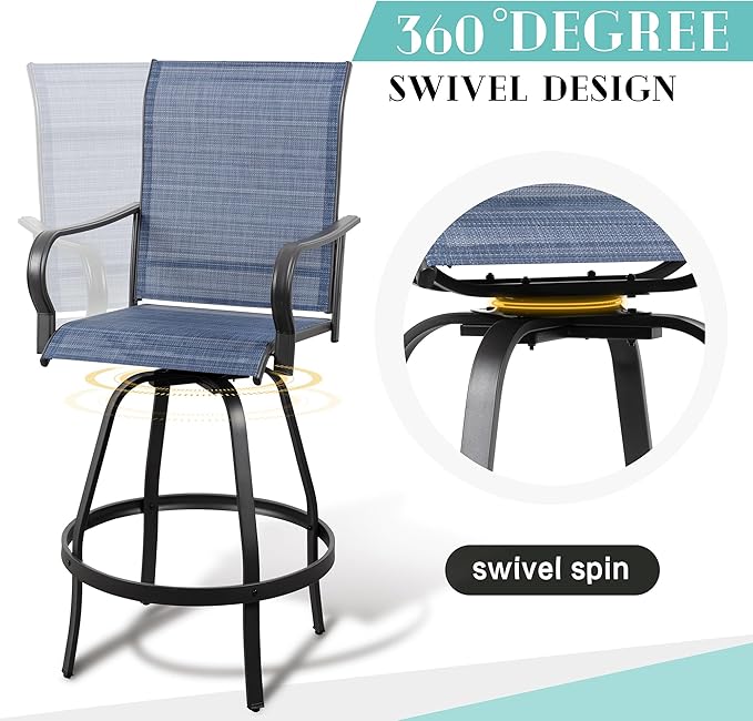 Vongrasig 2 Piece Patio Swivel Bar Chairs, All Weather Metal Textile High Swivel Bar Stools Chairs, Outdoor High Top Bistro Set for Backyard, Lawn Garden, Balcony, Denim Blue