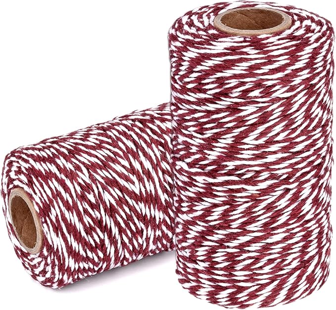 Cotton Twine String Bakers Rope: 2 Roll Twines for Crafts Gift Wrapping - 656 Feet Dark Red White Twine for Kitchen Cooking