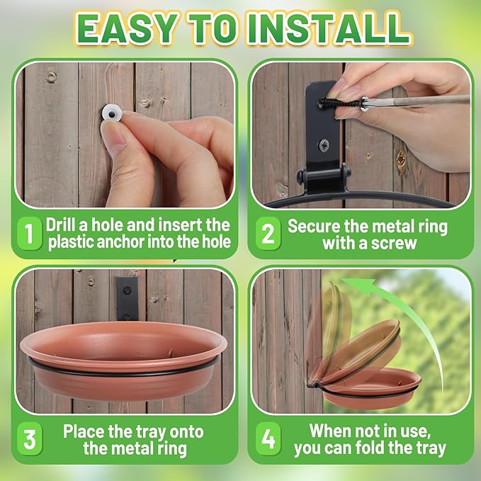Fence Bird Feeders Tray - Tree Mounted Wild Bird Bath for Outdoors Place Food Water, Installed on Deck Wall Stakes with Heavy Duty Iron Ring, 8.3'' Dia. (Brown)