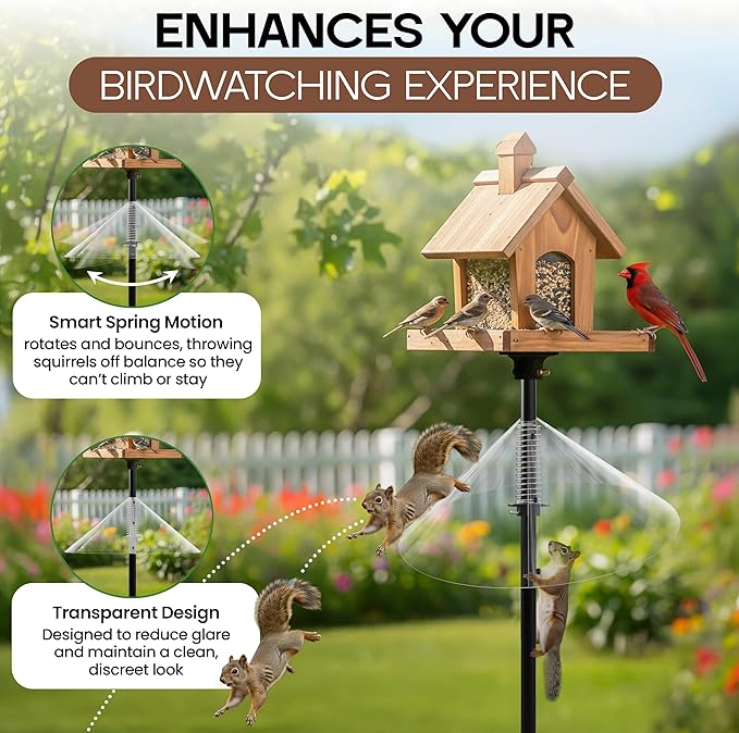Premium Squirrel Baffle for Bird Feeder Pole Chew Proof Squirres Guard with Spring for Better Defense 19 Inch Outside Mount for Bird Feeders Raccoon Rodent Stopper Garden Accessories Backyard