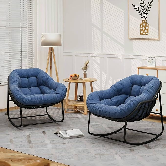 Oversized Rocking Chair Outdoor Set of 2, Rocking Papasan Chair, Patio Egg Chair with Padded Cushion, Outdoor Wicker Rocking Chair for Front Porch, Garden, Patio (Navy Blue)