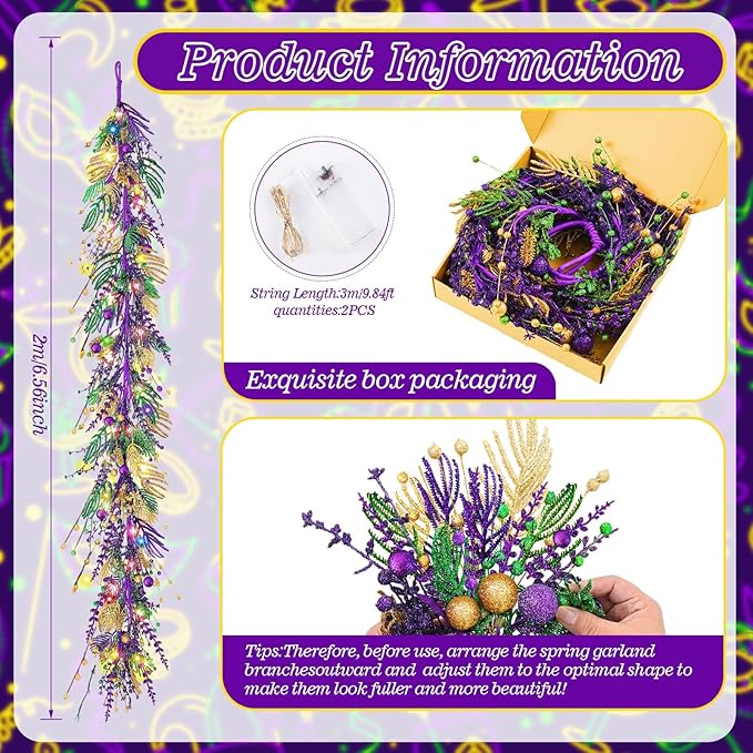 6 Ft Mardi Gras Purple Green Gold Glitter Vine Garland for Front Door Carnival Party Wreath Glitter Hanging Garland Mardi Gras Party Home Decor Garlands for Indoor Outdoor Mantle Staircase Railing