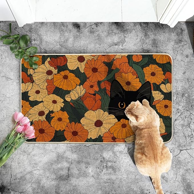 Artoid Mode Black Cat Flowers Spring Doormat, Home Summer Decor Low-Profile Switch Rug Door Mat Floor Mat for Indoor Outdoor 17x29 Inch