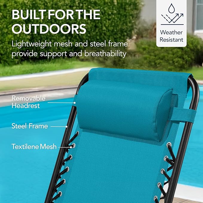 Best Choice Products Outdoor Folding Rocking Chair, Zero Gravity Lounge Chair, Patio Rocker w/Headrest Pillow - Peacock Blue