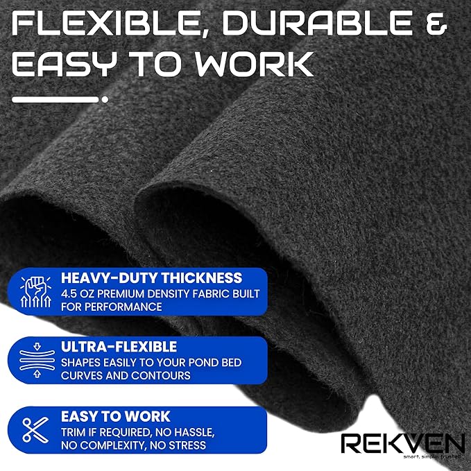 Pond Liner Underlayment - 15 x 20 Feet - Non Woven Geotextile Landscaping Fabric with 20 U-Pin Garden Staples - Perfect for Fish Koi and Preformed Ponds Fountains Waterfalls