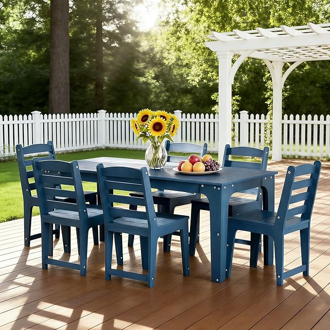 7-Piece HDPE Patio Dining Set, Weather-Resistant Outdoor Table with 2/1.5-Inch Umbrella Hole, Never Sagging One-Piece Tabletop with Metal Support Bars for Poolside Backyard Garden (Blue)