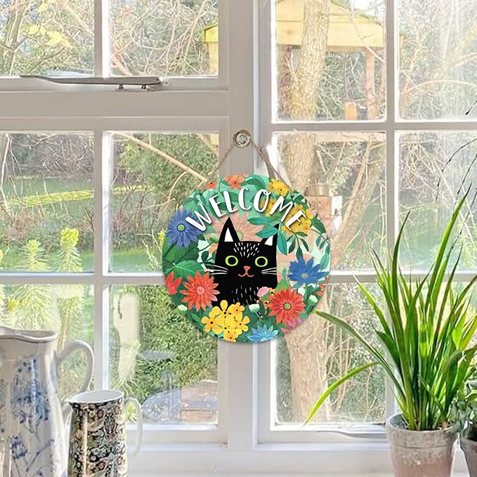 Deroro Welcome Spring Black Cat Sign for Front Door Decor, Daisy Flowers Floral Wood Door Hanger for Outdoor Outside Porch, Seasonal Summer Farmhouse Wooden Wreath Indoor Wall Hanging Decoration
