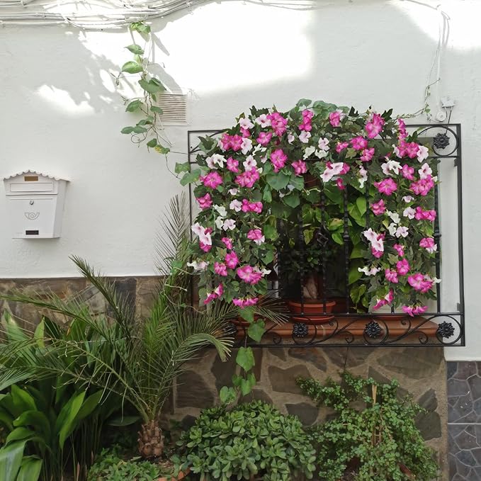 CISDUEO 2Pcs Artificial Vines for Outdoors Silk Morning Glory Garland 11.5Ft Hanging Flowers Plants Fake Petunias Vines for Indoor Home Decor Wall Fence Mantle Stairway Mailbox Rose Red Pink and White