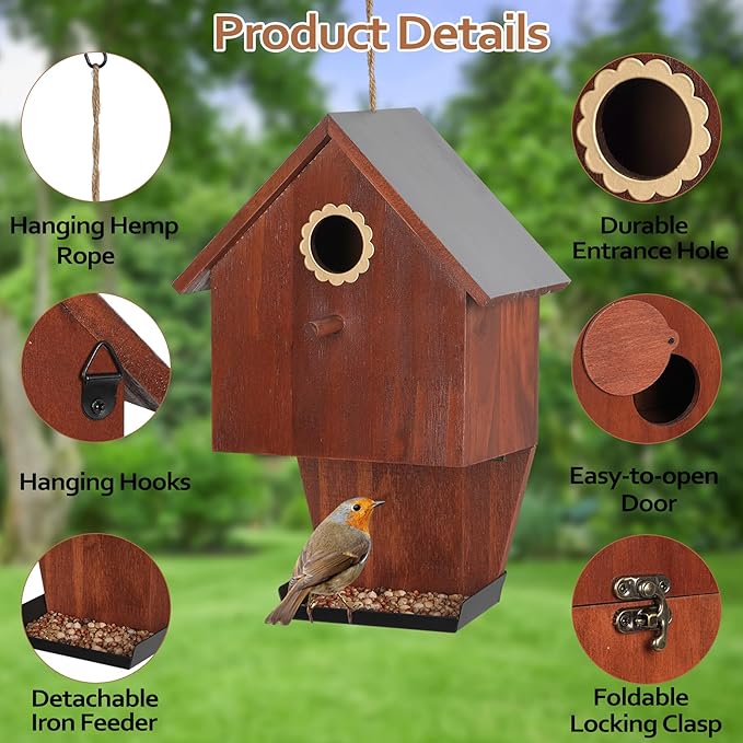 Bird Houses for Outsid,Wood Birdhouse,Hanging Bird Feeder,Garden Wild Bird Feeders for Bluebird Finch Cardinal Hummingbirds Chickadee Wren, Gift for Bird Lovers