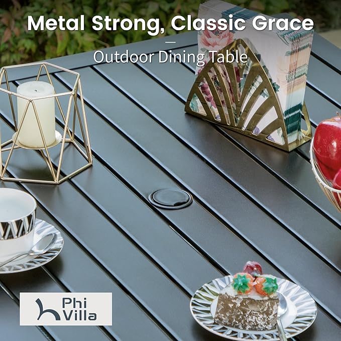 PHI VILLA 5 Piece Outdoor Dining Set with 10ft Umbrella, 37" Square Metal Dining Table & 4 Stacking Metal Chair with 3 Tier Red Umbrella for Patio, Deck, Yard, Porch