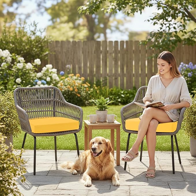 Topotdor Outdoor Chair Cushions Set of 2, 17"x16"x2" Waterproof Patio Chair Cushions for Outdoor Furniture, Round Corner Outdoor Seat Cushions Color Fastness Chair Pads with Ties, Yellow