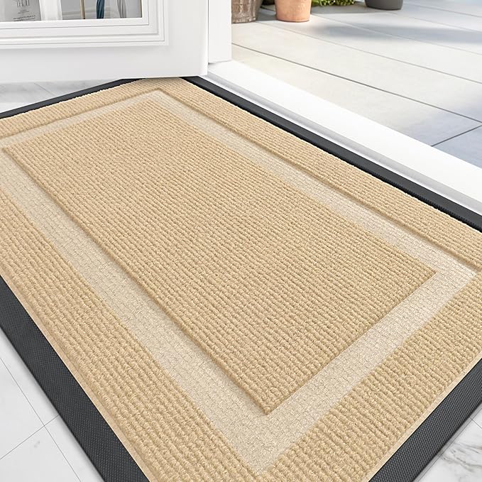 OLANLY Front Door Mat Indoor Outdoor Entrance, Waterproof All-Season, All-Weather Doormat, Sturdy Natural Rubber, Fade Resistant, Low Profile, Easy Clean Patio Porch Entryway Mat, 59x40, Beige