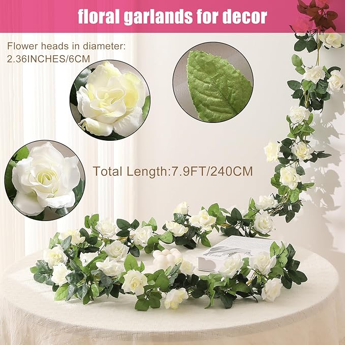 JUSTOYOU 2 Pack (15.8FT) Fake Rose Garland, Artificial Rose Vines Flowers Hanging Silk Rose Vine Wedding Home Backdrop Party Arch Arrangement Decoration