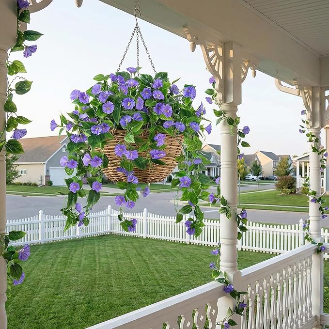 GTIDEA Artificial Vines 15Feet Silk Flower Garland Purple Morning Glory Vine Artificial Flowers Hanging Plants Garland Fake Green Plant 4Pcs for Outdoors Wall Fence Indoor Wedding Banquet Decor