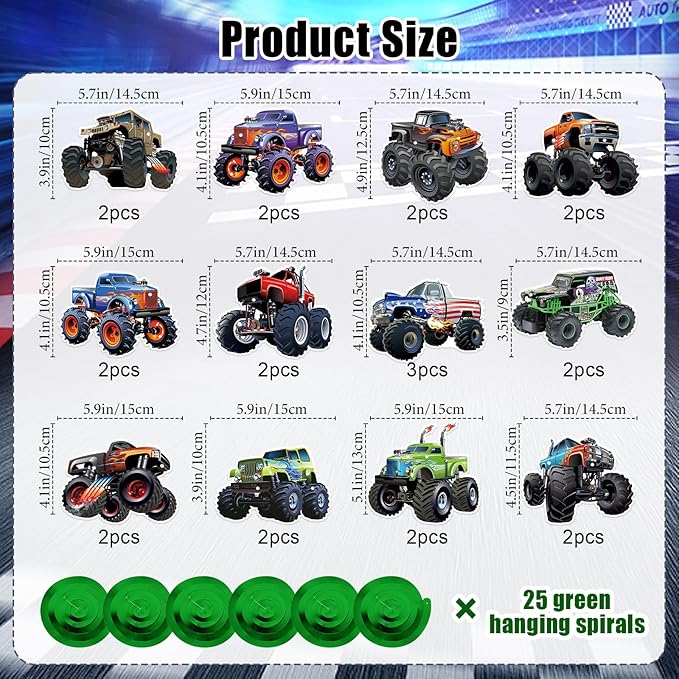 50 Pcs Monster Truck Birthday Hanging Decorations Monster Truck Birthday Party Hanging Decoration Racing Theme Party Supplies Decoration Suitable Decorations for Boys Girls Baby Children