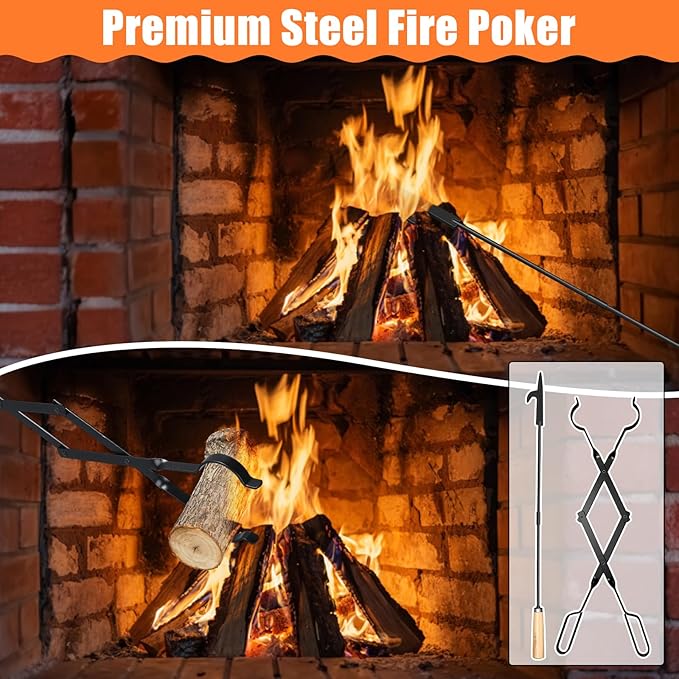 Patelai 8 Pcs Campfire Fire Pit Accessories Include 6 Pcs 25" Smores Sticks for Fire Pit 32" Campfire Poker 25" Fireplace Tong, Roasting Sticks Camping Gear Essentials Hot Dog Fork